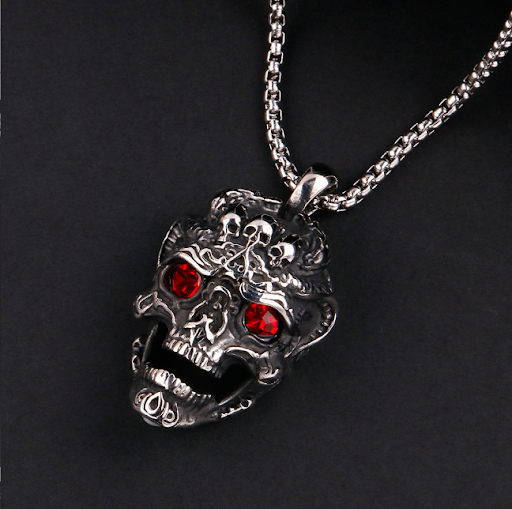 Title 4, Stainless Steel Skull Pendant with Red Gem Eye ...