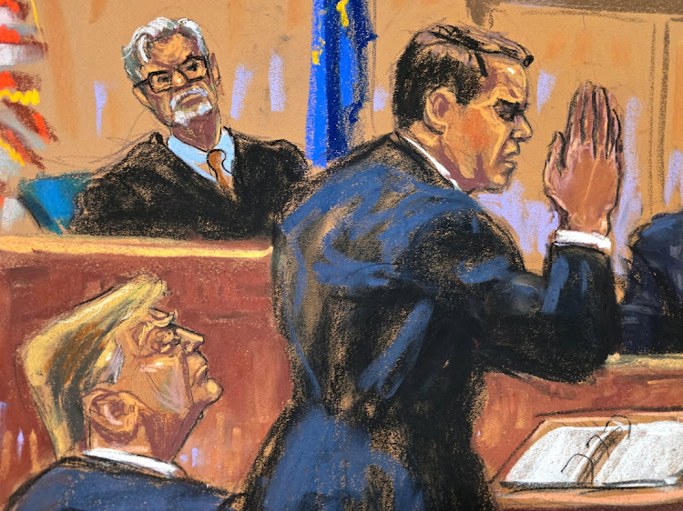 Michael Cohen (not seen) is asked about taking an oath as he is cross-examined by defense lawyer Todd Blanche during former US President Donald Trump's criminal trial on charges that he falsified business records to conceal money paid to silence porn star Stormy Daniels in 2016, in Manhattan state court in New York City, US May 16, 2024 in this courtroom sketch.