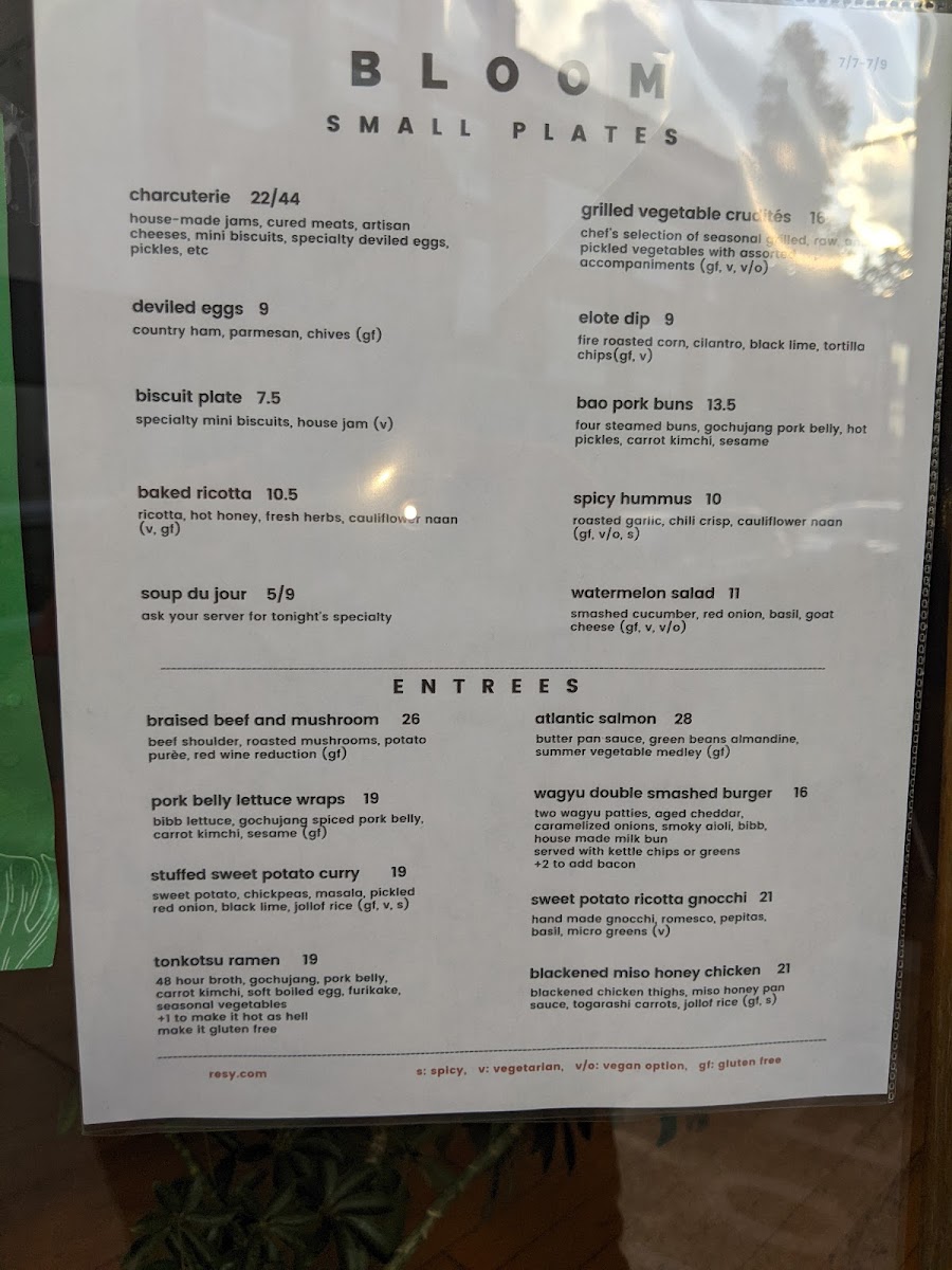 Bloom gluten-free menu