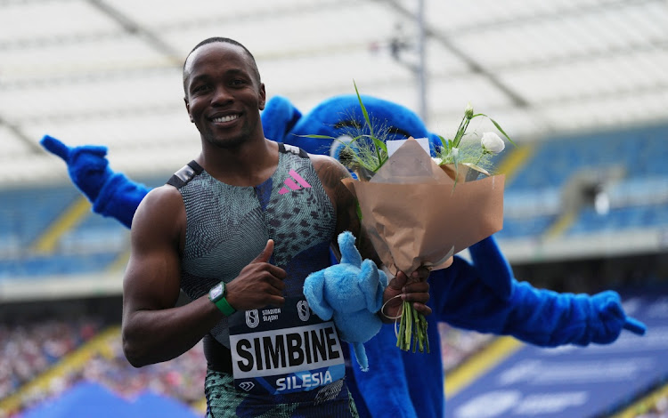 Akani Simbine celebrates after winning the men's 100m final at the Diamond League meet in Silesia on Sunday.