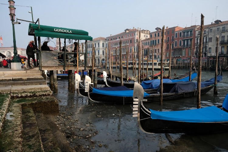 Gondolas are pictured in the Grand Canal during a severe low tide in the lagoon city of Venice, Italy.