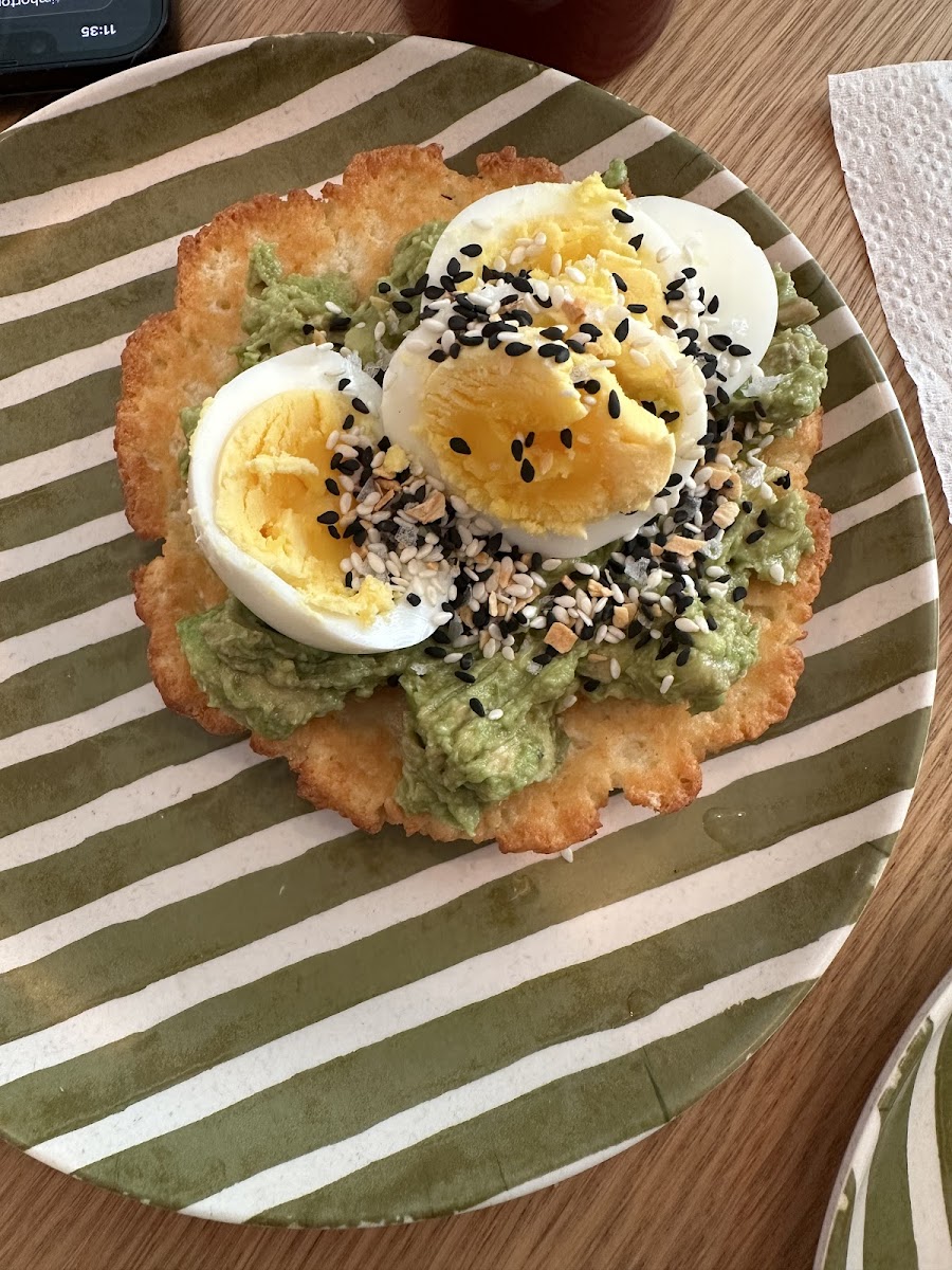 Avocado toast with hard boiled egg and flaky sea salt.