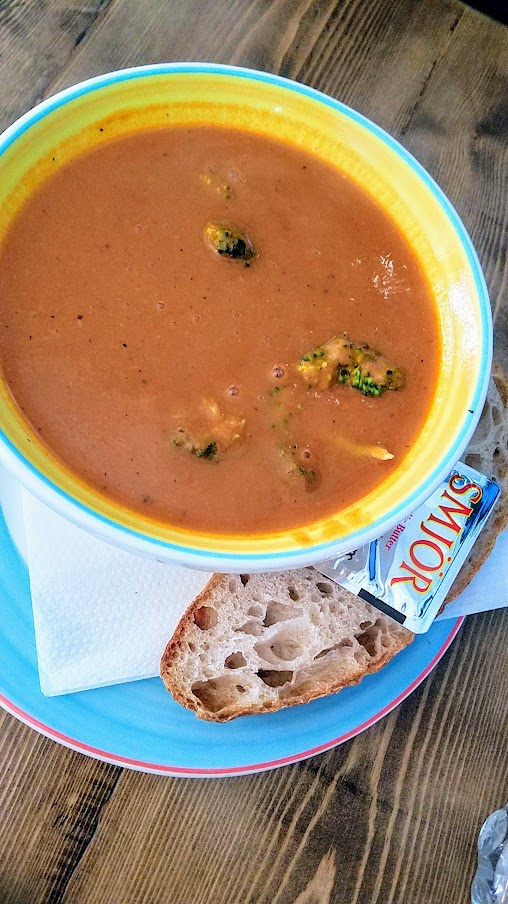 Salka Valka soup of Vegetables in a liquidized chickpea, coconut milk, red bell pepper, fresh ginger, fresh chili and curry soup with sourdough bread