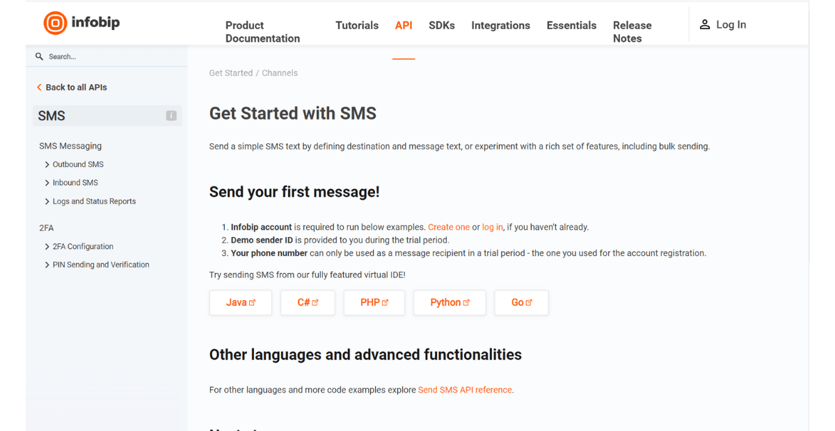 best SMS API in the UAE | Infobip API documentation page