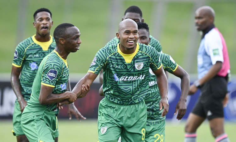 Bayzel Goldstone of Baroka FC scores during his side's DStv Premiership match against Royal AM at Chatsworth Stadium on November 07, 2021 in Durban, South Africa.