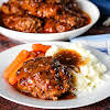 Thumbnail For Sea's Salisbury Steak On A Plate With Mashed Potatoes And Carrots.