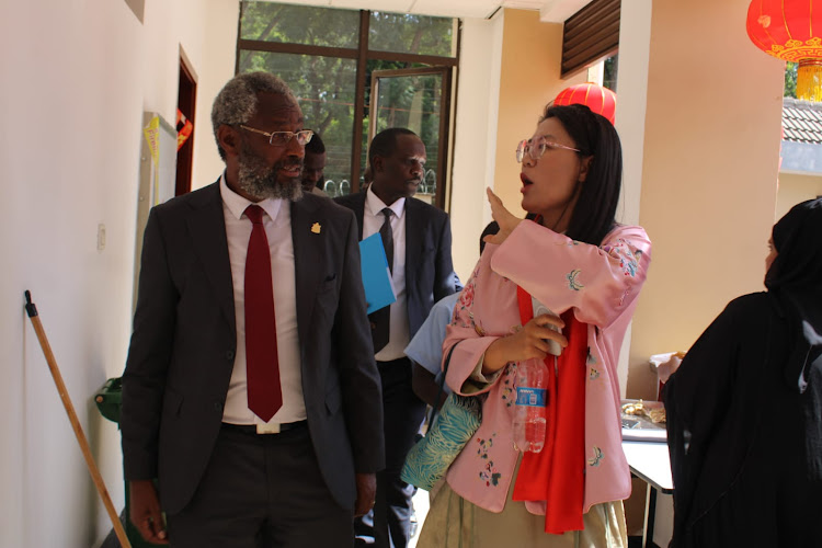UoN Confucius Institute Director Prof. Wang ShangXue welcomes UoN Vice ChancellorProf. Stephen Kiama during 'The Dragon is soaring and the drums are rolling for the Chinese New Year' event on February 7, 2024