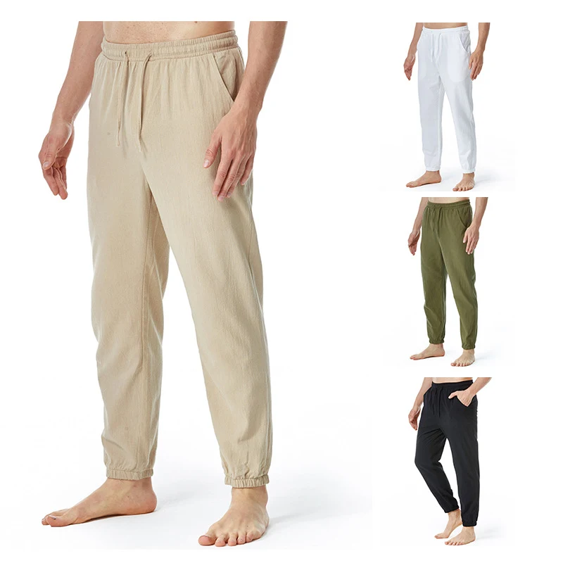 Pantalon décontracté homme en coton et lin avec taille élastique et cordon de serrage, pour un confort optimal et un look décontracté.