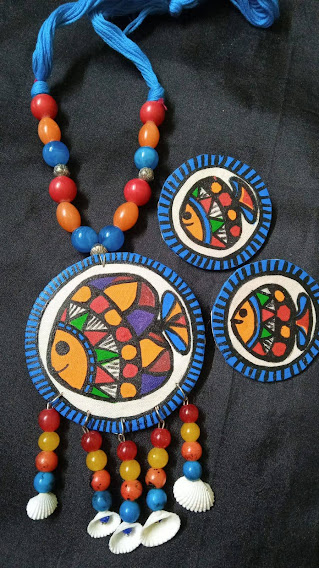 Handpainted Fabric Necklace And Earrings Set