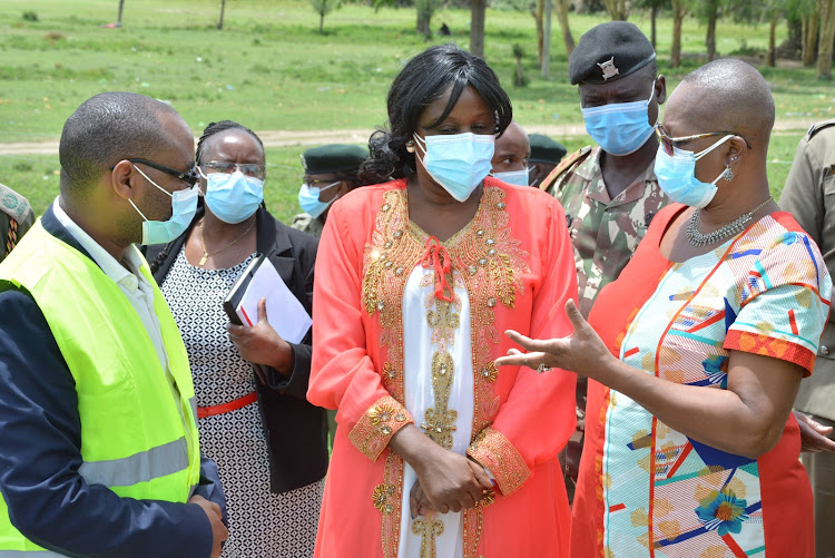 PS for Correctional Services Zeinab Hussein and CAS at the State Law Office Winnie Guchu join senior government officers and entrepreneurs touring sanitation projects in Naivasha on April 28.