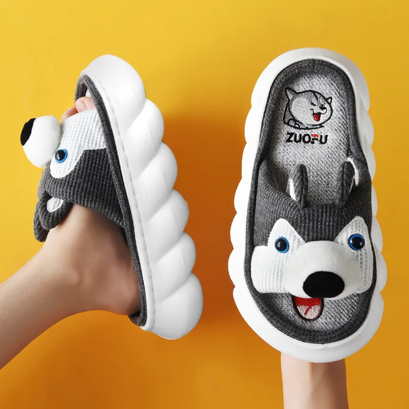 Pantofole da donna in lino con suola spessa per quattro stagioni, comode e traspiranti per la casa, perfette tutto l'anno.