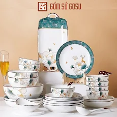 (FREE SHIP) Bộ bát đĩa họa tiết Hoa Sen Xanh - Set full