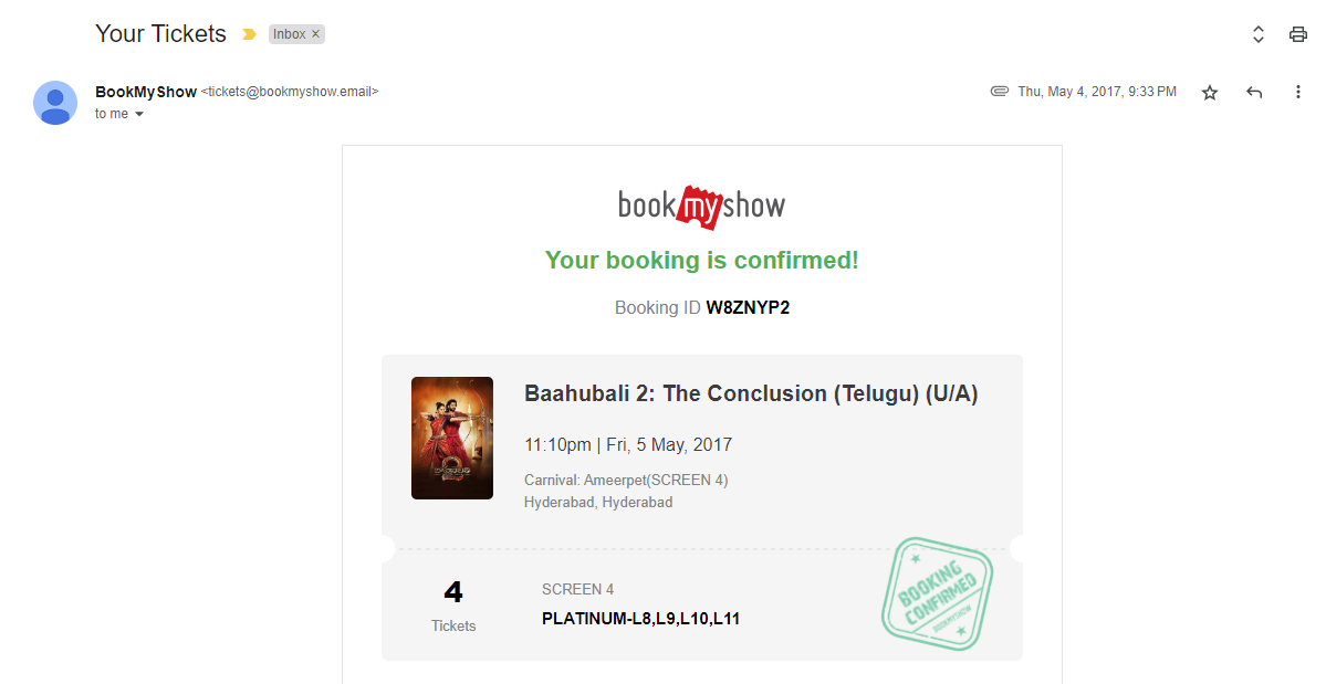 Bookmyshow Confirmation Email