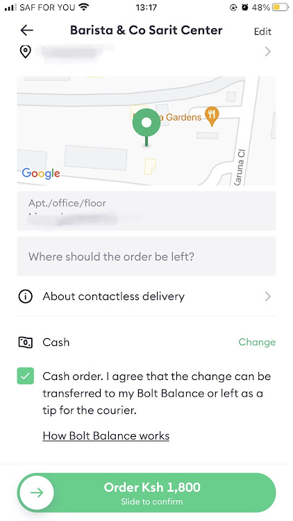 Order of the bolt food app layout, you can choose where exactly you want your meal delivered and what happens with your change.