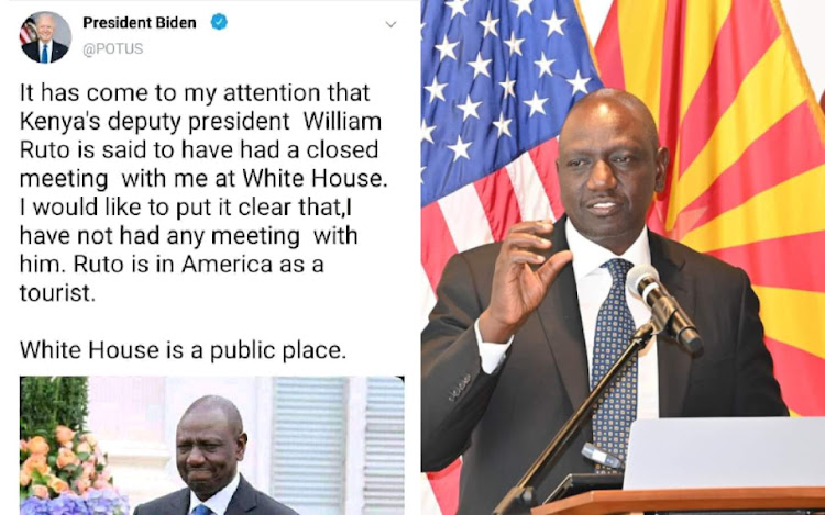 A composite image of a fake tweet in the name of President Joe Biden and an Image of Deputy President William Ruto addressing a conference during his US tour.