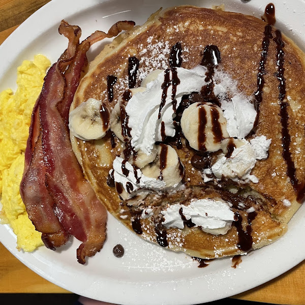 GF Pancake breakfast combo. Pictured here is the banana chocolate chip pancake.