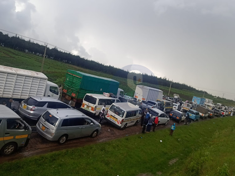 Vehicles piled up on Nairobi-Nakuru highway at Kinale Forest following heavy traffic on Friday, April 19, 2024.