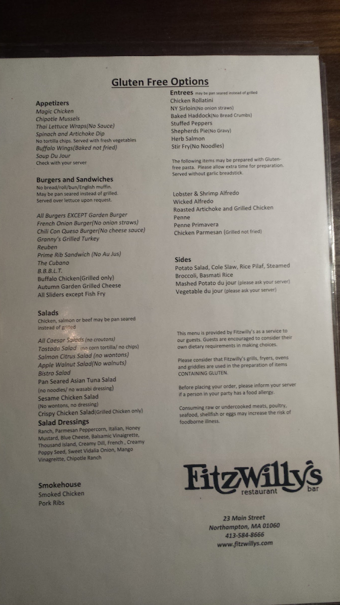 Fitzwilly's Restaurant gluten-free menu