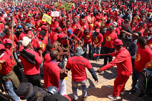 Thousands of Numsa members protesting outside the offices of the Metals and Engineering Industries Bargaining Council in the Johannesburg CBD. File image.