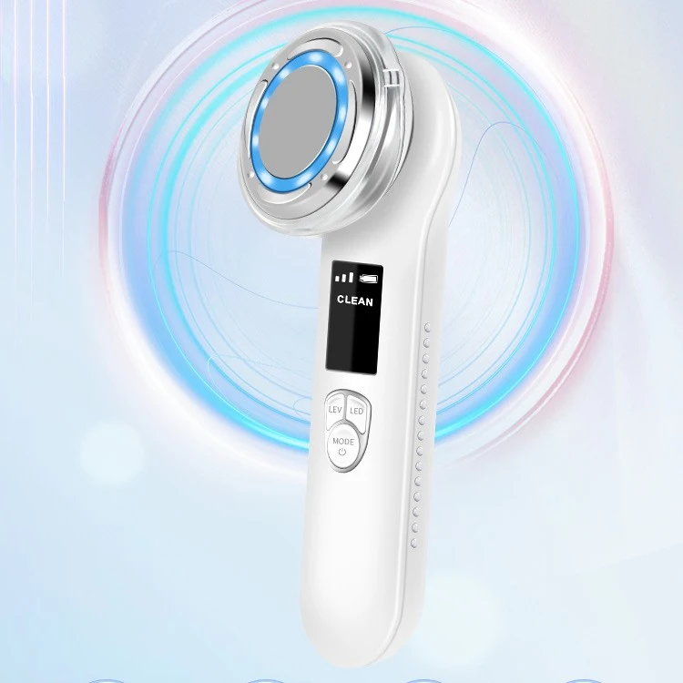 Dispositivo de rejuvenescimento facial por massagem com fótons Diminui rugas, melhora a elasticidade e tonifica a pele com terapia de luz LED.