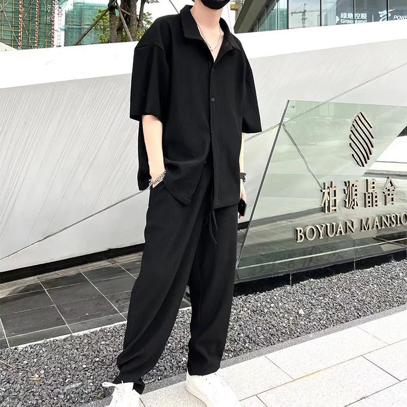 Herren Casual Zweiteiler Hemd mit Falten und Hose lockere Passform angenehmes Textur-Set für Stil