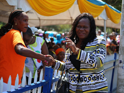 Homa bay woman rep Gladys Wanga greets his supporters at mama ngina grounds during Mombasa governor Hassan Joho swearing-in ceremony