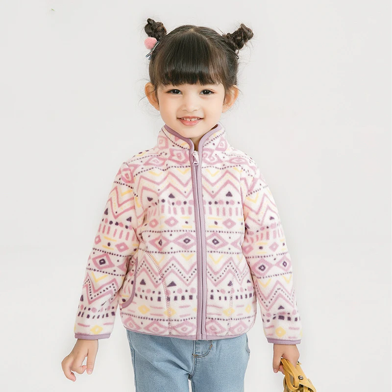 Veste polaire fine imprimée pour bébé fille, légère et confortable, idéale pour le printemps et l'automne, facile à enfiler et à retirer.