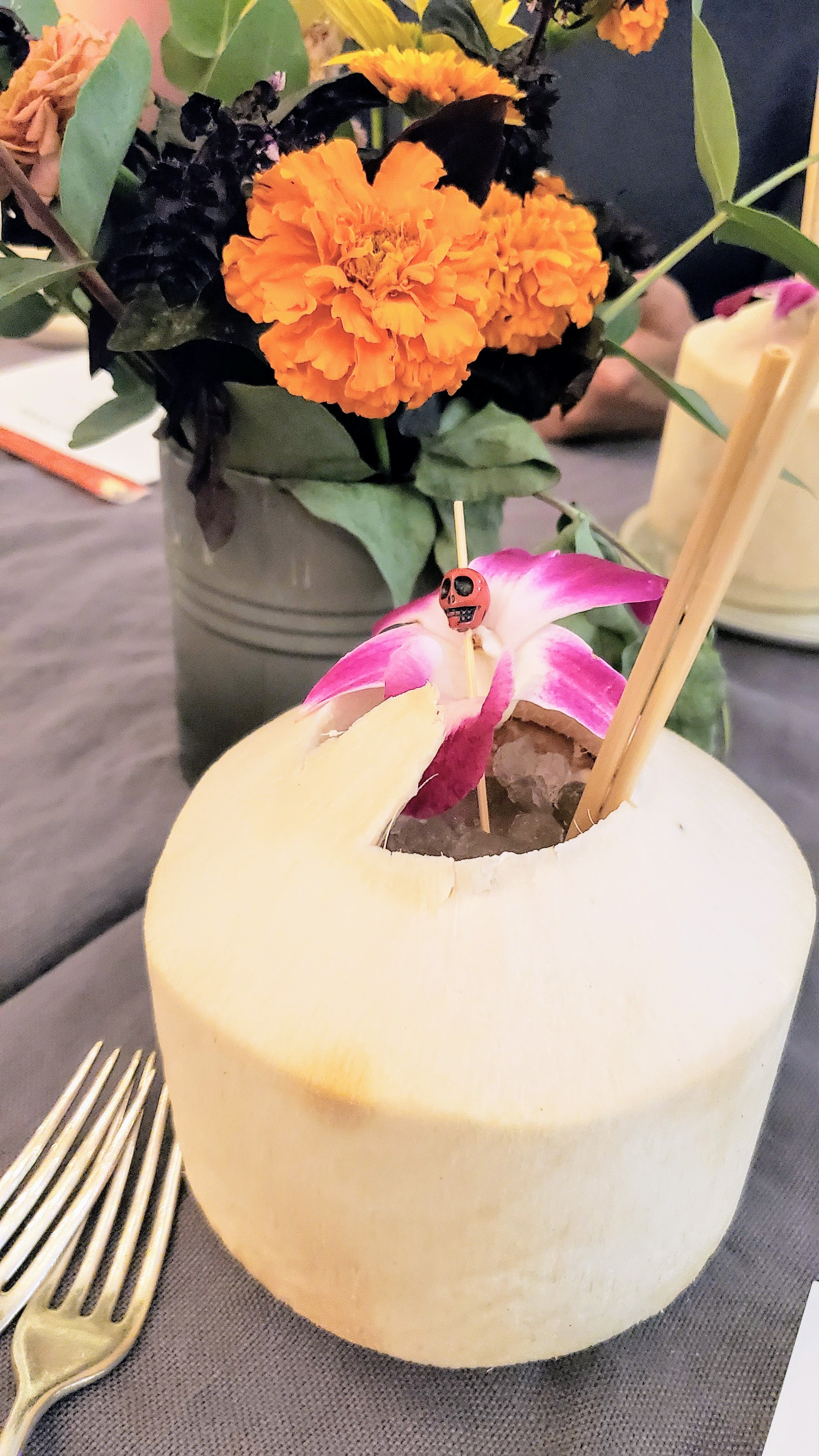 Non alcoholic pairings from Eric Nelson of Eem included this coconut with Snowfield Oolong, Coconut Water, Licorice, and Juniper for the More Zero Proof Dinner at Feast 2019