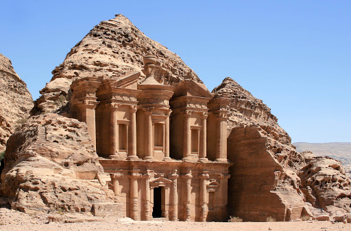 The Monastery, Ad Deir, is a grandiose building carved out of rock in the ancient Jordanian city of Petra.