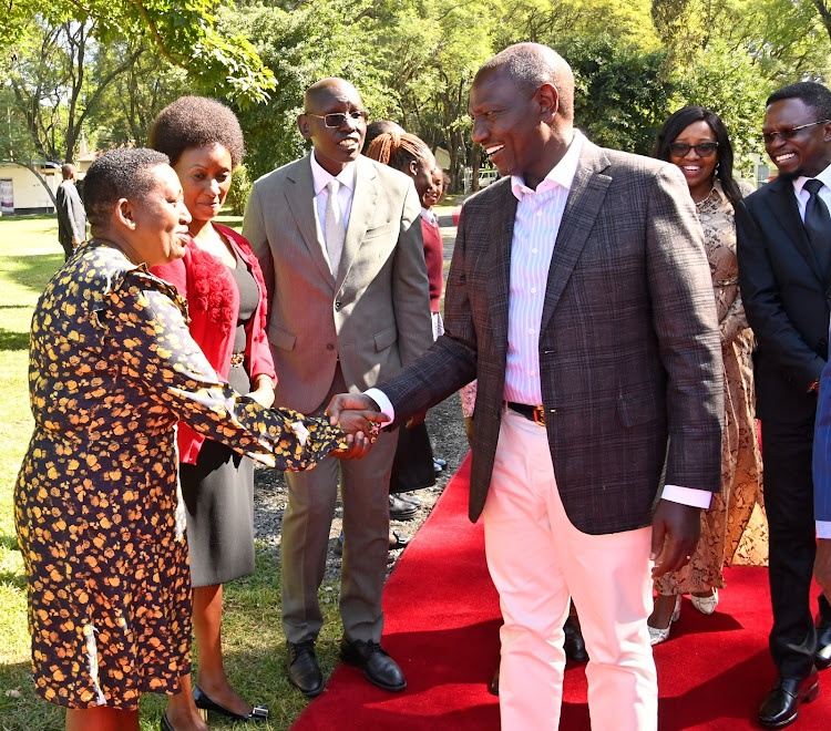 President William Ruto being welcomed at State House, Nakuru ahead of the Kenya Music Festival Winners' State Concert on August 23, 2023