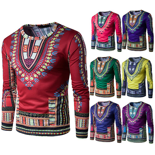 Title 2, Ethnic print long-sleeved round neck T-shirt