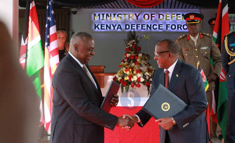 US Secretary of Defence Lloyd J. Austin and Defence CS Aden Duale during a joint press conference at State House in Nairobi on September 25, 2023.