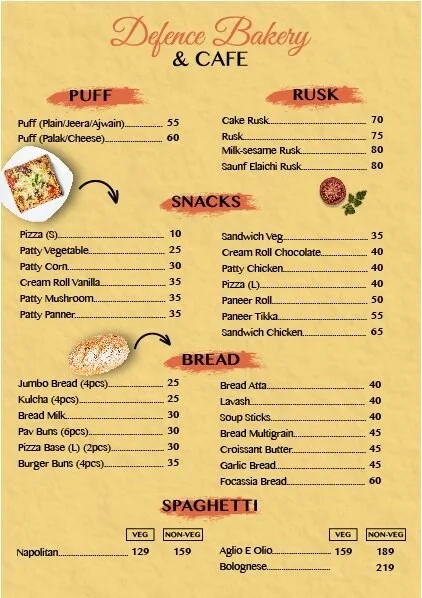 Defence Bakery menu 