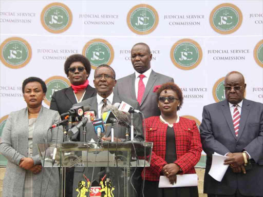 Chief Justice David Maraga addresses the press, flanked by members of the Judiciary, on budget cuts, July 24, 2018. /COURTESY