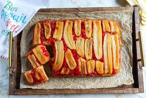 Slices cut from the Banana Upside-Down Cake.