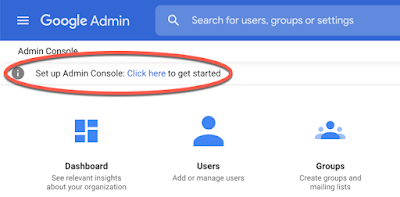 A red circle highlights the "Set up Admin Console. Click here to get started." option at the top of the Admin console.