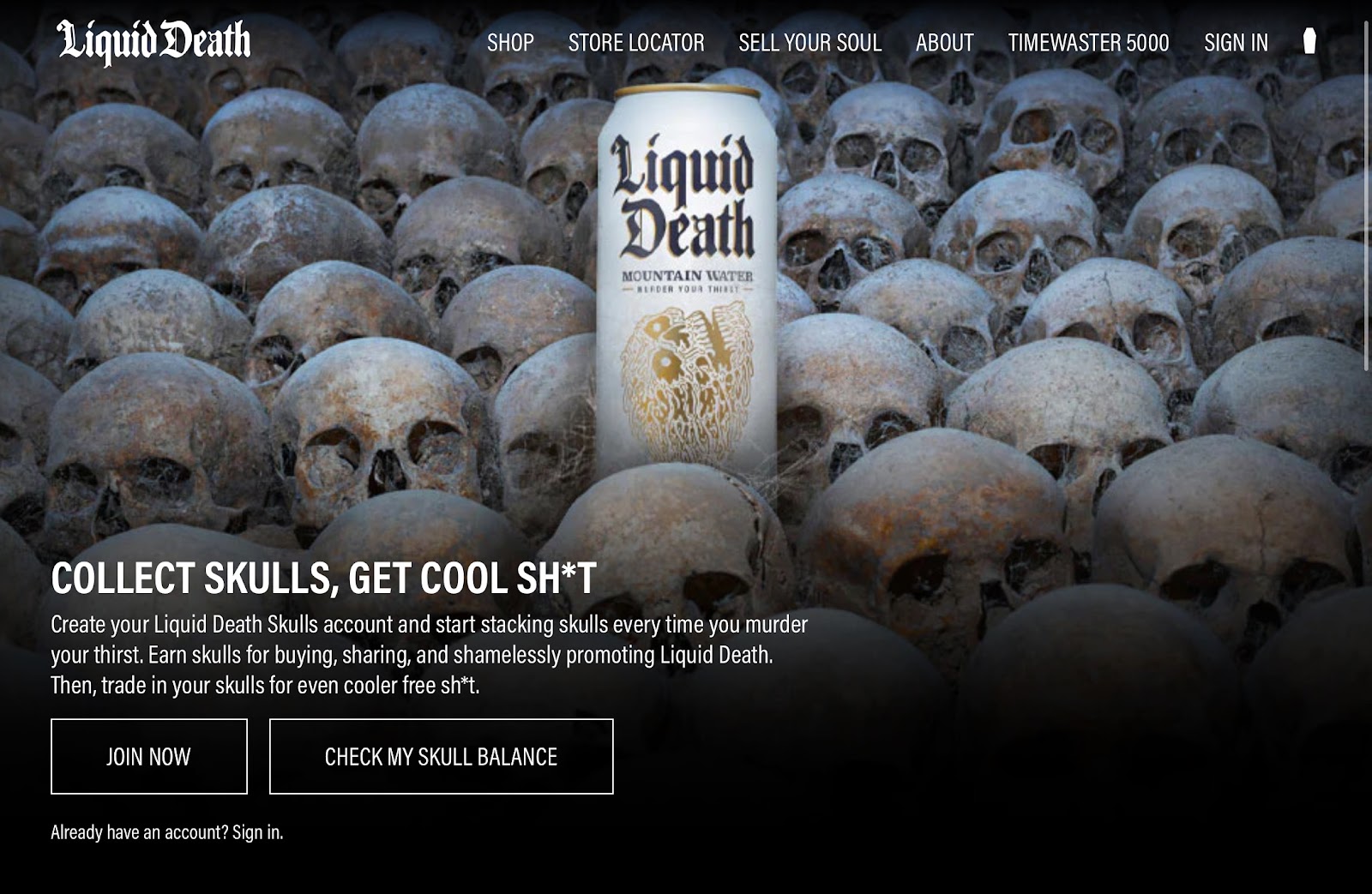 Rewards Program Holiday Checklist—A screenshot of Liquid Death’s loyalty program explainer page. The background is skulls with a can of Liquid Death water in the middle. The heading is “Collect Skulls, Get Cool Sh*t.”