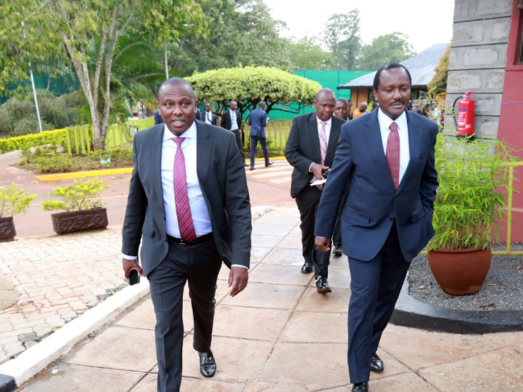 National Assembly majority leader Kimani Ichung'wah (left) with Wiper leader Kalonzo Musyoka at Bomas after the conclusion of talks on November 9, 2023.