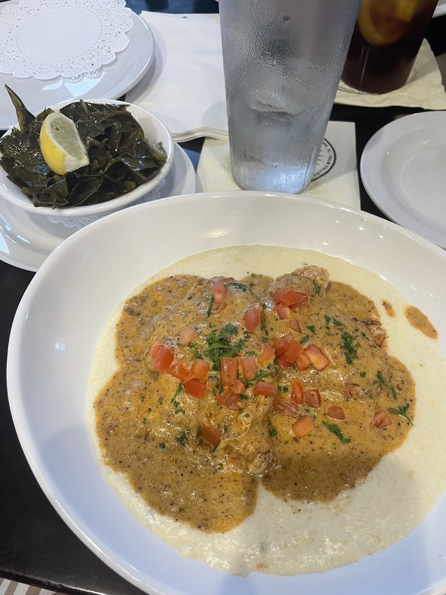 GF fried chicken with grits and collards