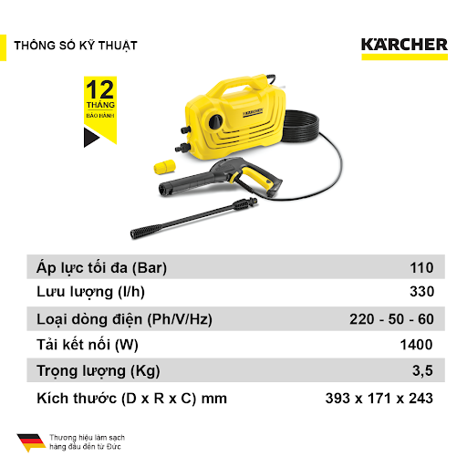 Máy xịt rửa xe cao áp Karcher K2 Classic 1400W 110 bar dây dài 3 mét