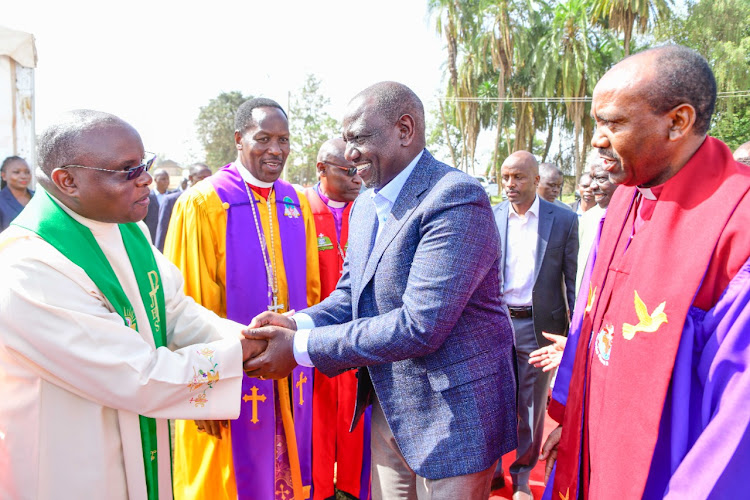 President William Ruto by recieved by the clergy at an Interdenominational Church Service, Kerugoya Stadium in Kirinyaga County on January 22, 2023.