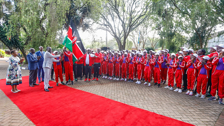 President William Ruto flags off the athletics team that will represent Kenya at International Schools Sports Federation (ISF) World Cross Country 2024, at State House Sagana, Nyeri County on April 18, 2024.
