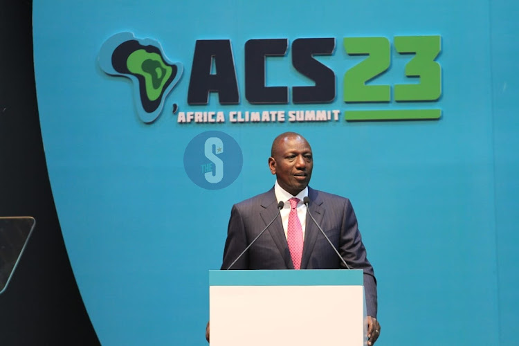 President William Ruto giving his opening address at KICC, Nairobi during the African Climate summit on September 4, 2023