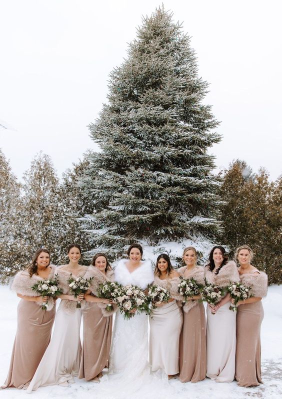 photo of winter wedding bridal party