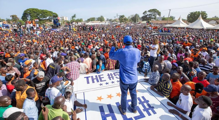 ODM leader Raila Odinga addressing Mombasa residents on Monday, February 21, 2022.