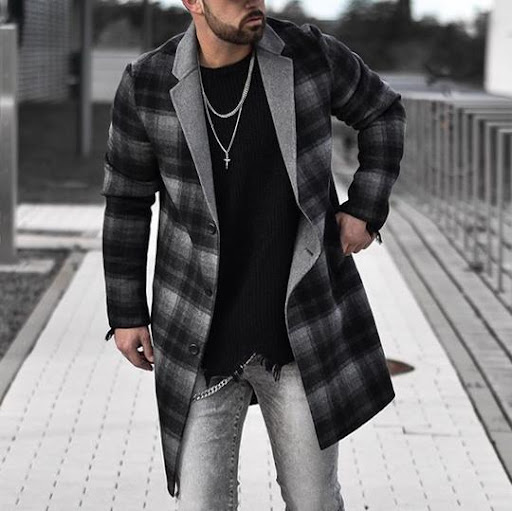 Title 2, Plaid Lapel Mid-Length Mens Woolen Coat for ul...