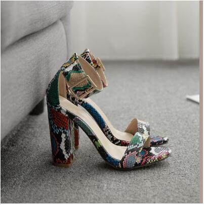Title 5, Roman Sandals Thick Heel Retro Snake Print High...