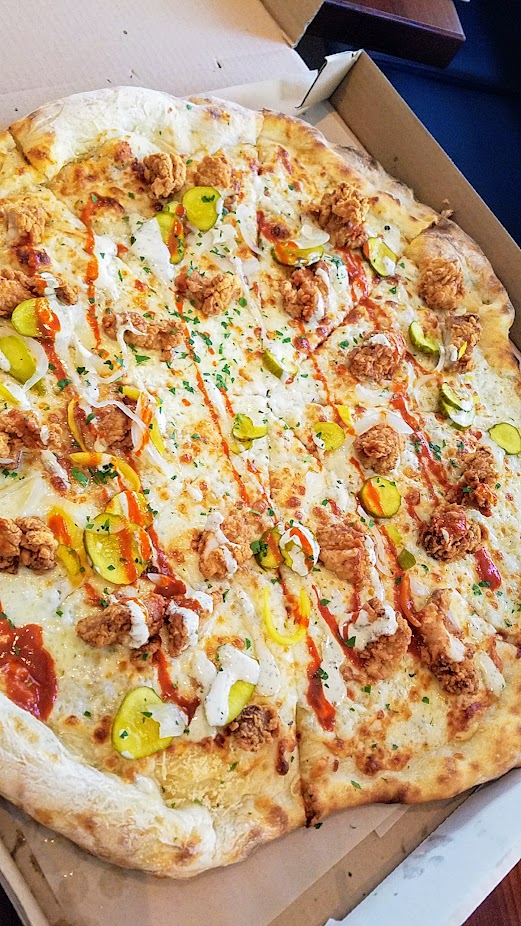 The Crown PDX, Imperial pizza with fried chicken, pickles, ranch, honey, hot sauce