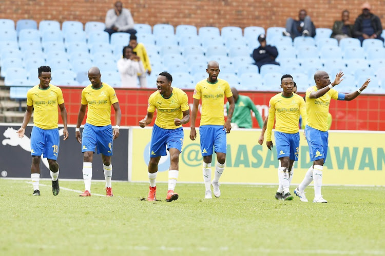 Sibusiso Vilakazi of Mamelodi Sundowns celebrates scoring a goal during the Absa Premiership match between Mamelodi Sundowns and Chippa United at Loftus Versfeld Stadium on April 23, 2019 in Pretoria, South Africa.