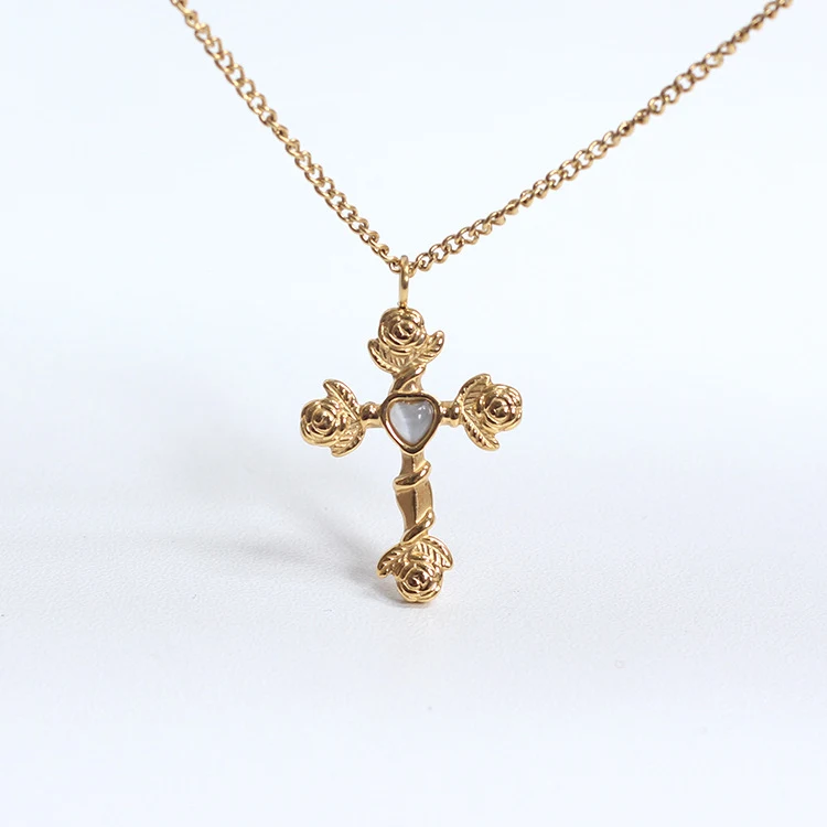 Title 3, Collier pendentif croix en acier titane doré fr...